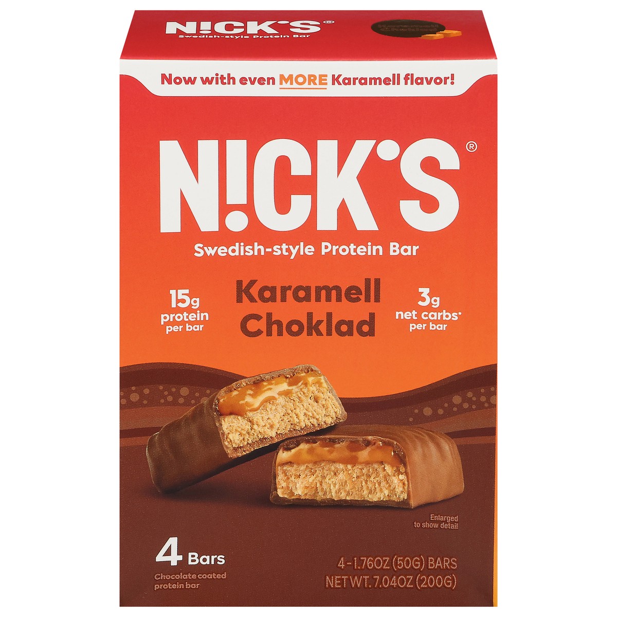 slide 1 of 17, Nick's Swedish-Style Karamell Choklad Protein Bar 4 - 1.76 oz Bars, 4 ct