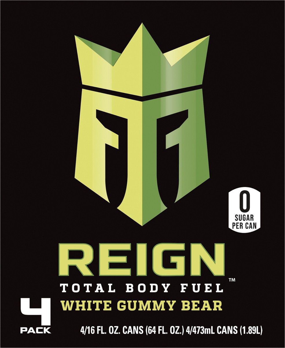 slide 2 of 2, Reign Total Body Fuel White Gummy Bear Energy Drink 4 - 16 fl oz Cans, 4 ct; 16 oz