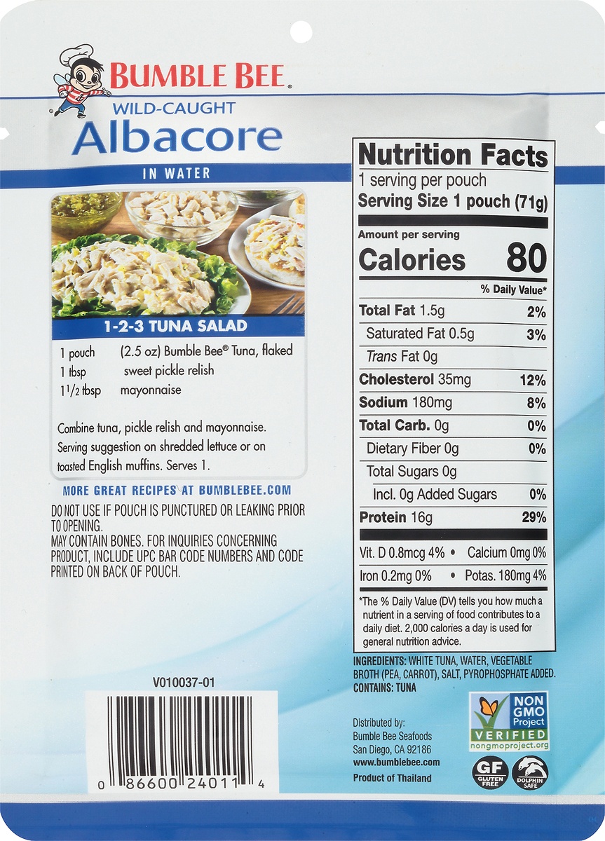 slide 10 of 10, Bumble Bee Albacore Tuna in Water Pouch, 2.5 oz