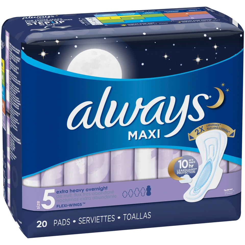 slide 2 of 3, Always Maxi Extra Heavy Overnight Pads with Wings - Size 5, 20 ct