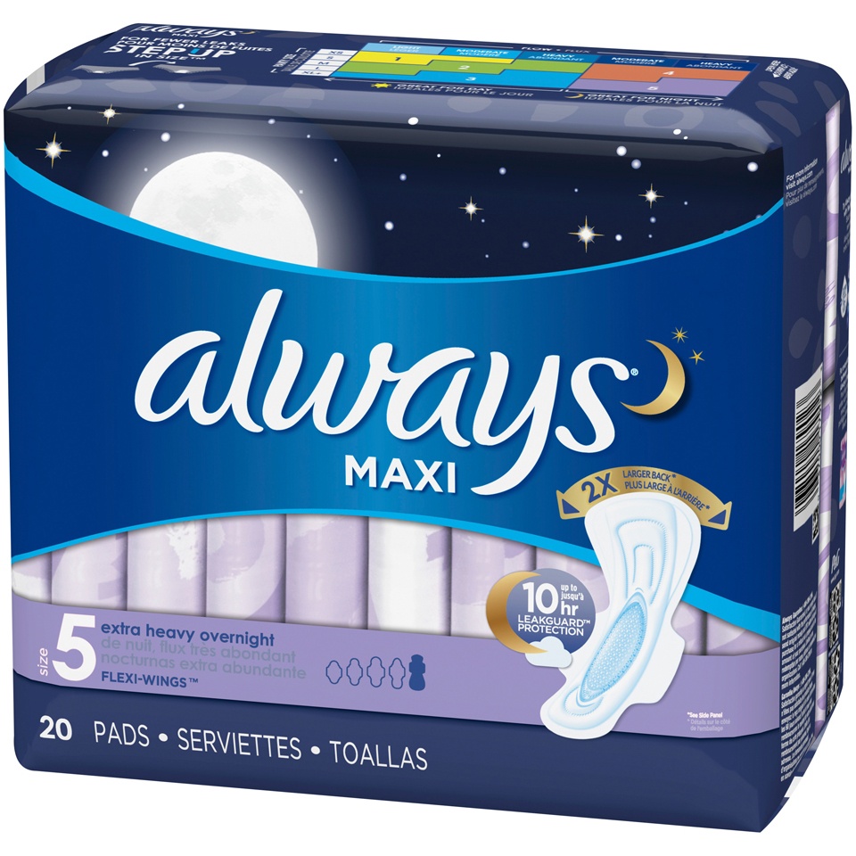slide 3 of 3, Always Maxi Extra Heavy Overnight Pads with Wings - Size 5, 20 ct