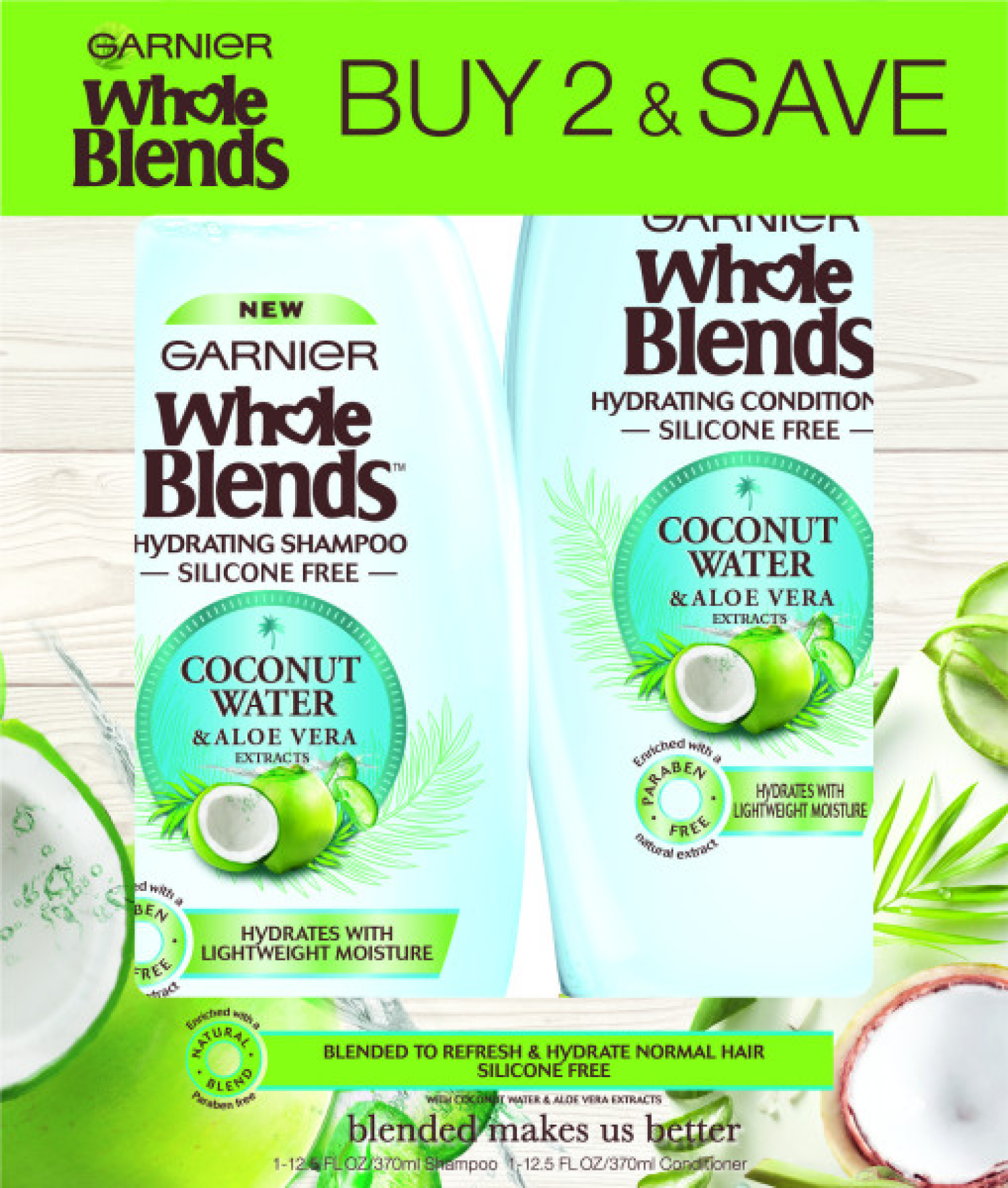 slide 1 of 5, Garnier Whole Blends Coconut Water, Aloe Vera Shampoo and Conditioner Twinpack, 1 kit, 1 ct
