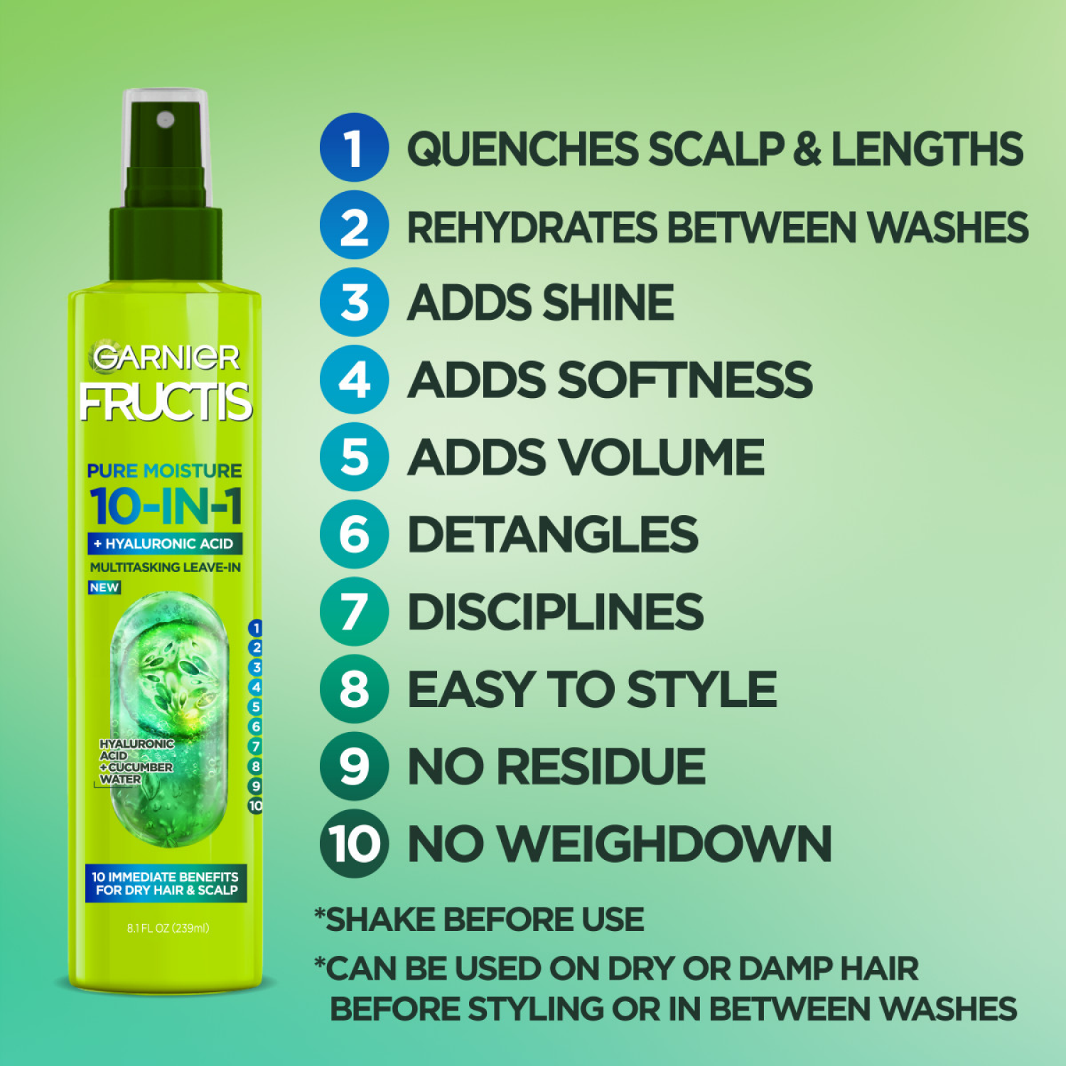slide 4 of 5, Garnier Fructis Pure Moisture 10-in-1 Spray - 8.1 Fl. Oz., 8.1 fl oz