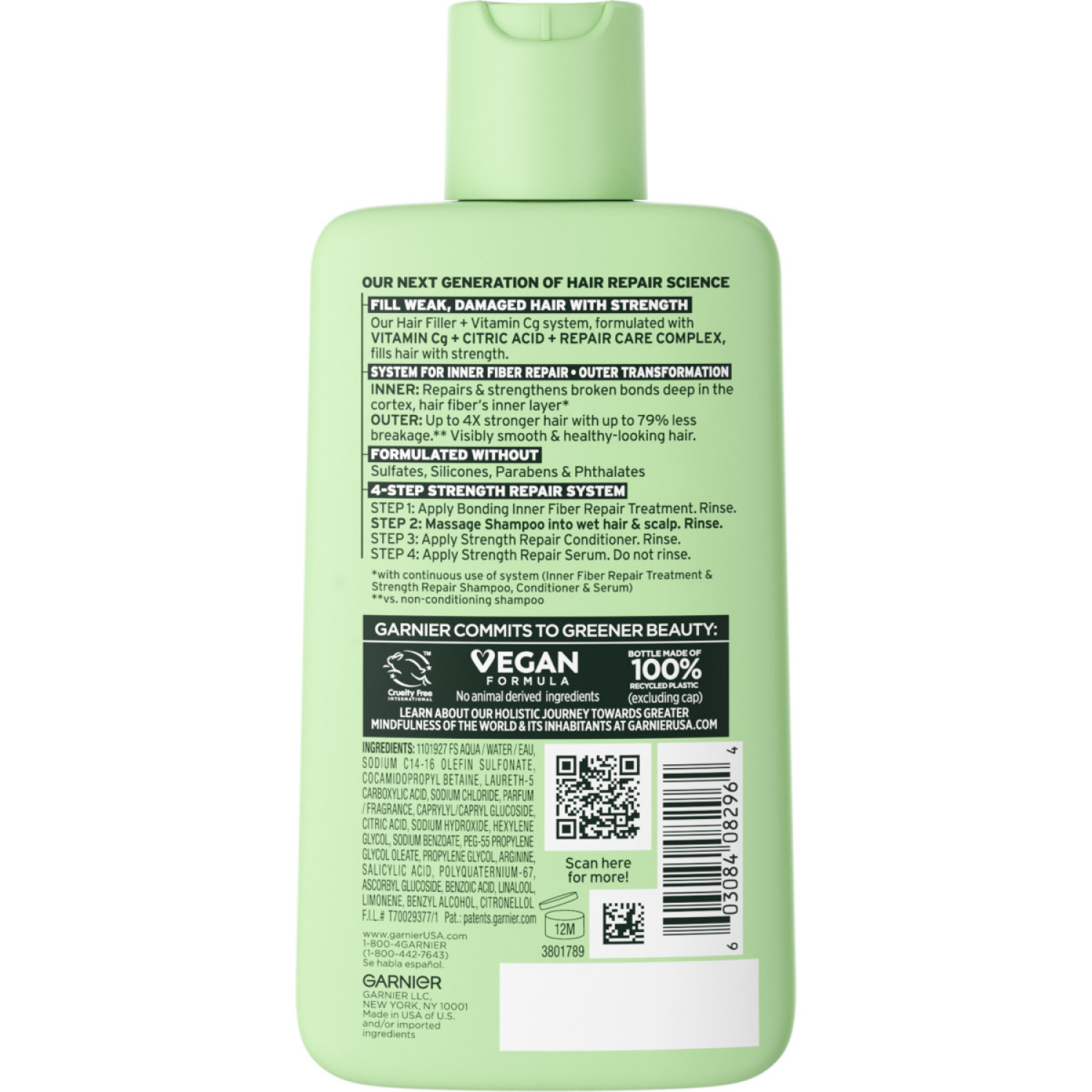 slide 6 of 8, Garnier Fructis Hair Filler Strength Repair Shampoo, Weak, Damaged Hair, 10.1 fl oz