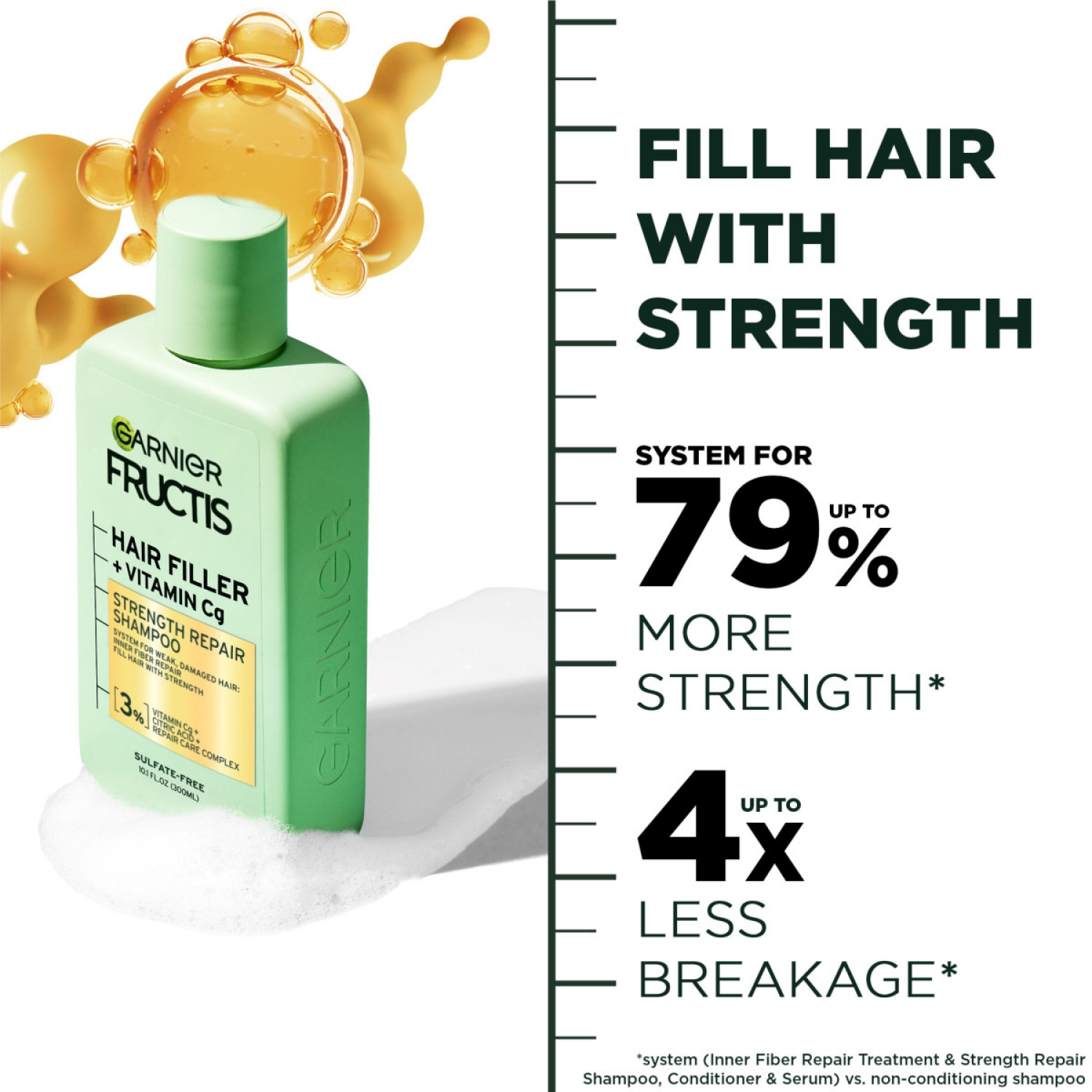 slide 7 of 8, Garnier Fructis Hair Filler Strength Repair Shampoo, Weak, Damaged Hair, 10.1 fl oz