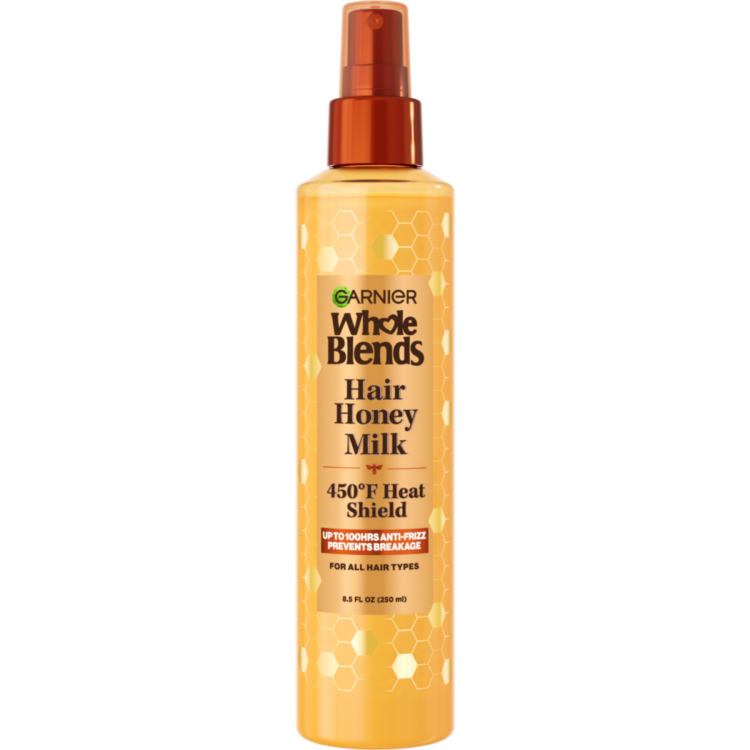 slide 1 of 3, Garnier Whole Blends Hair Honey Milk 450F Heat Shield Spray, Up To 100Hrs Anti-Frizz, 8.5 oz