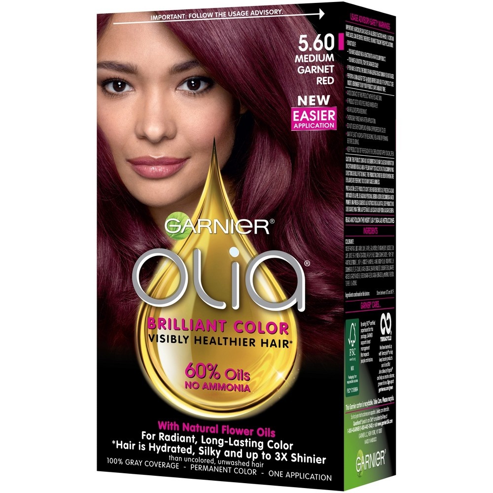 slide 3 of 8, Garnier Olia Oil Powered Permanent Hair Color, 5.60 Medium Garnet Red, 1 ct