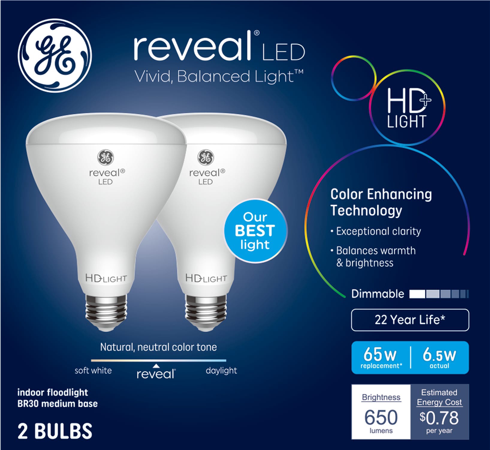 slide 1 of 3, GE Reveal 65 -Watt EQ BR30 Color-enhancing Medium screw base E26 Dimmable LED Spot Flood Light Bulb 2 -Pack, 1 ct