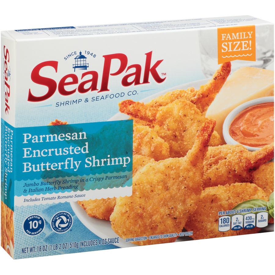 slide 2 of 8, SeaPak Shrimp & Seafood Co. Parmesan Encrusted Butterfly Shrimp with Bonus Tomato Romano Sauce 18 oz. Box, 18 oz