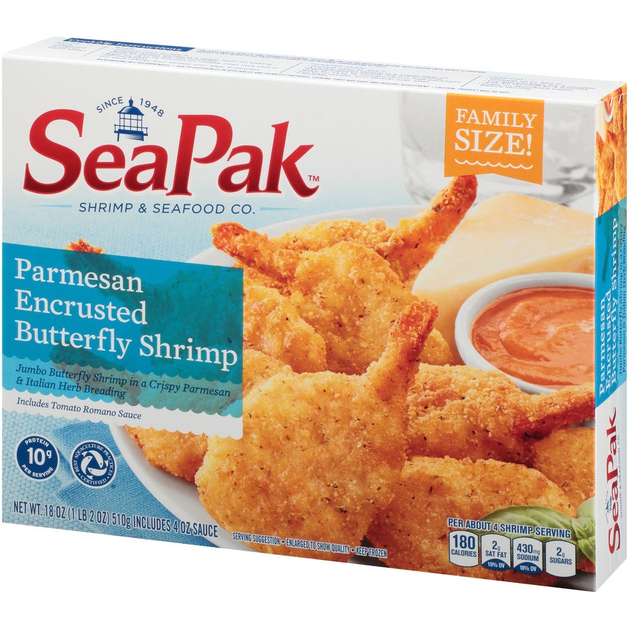 slide 3 of 8, SeaPak Shrimp & Seafood Co. Parmesan Encrusted Butterfly Shrimp with Bonus Tomato Romano Sauce 18 oz. Box, 18 oz