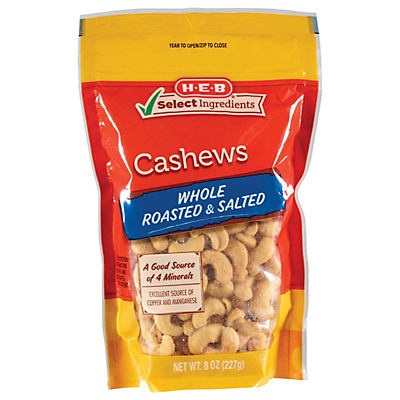 slide 1 of 1, H-E-B Select Ingredients Whole Roasted & Salted Cashews, 8 oz