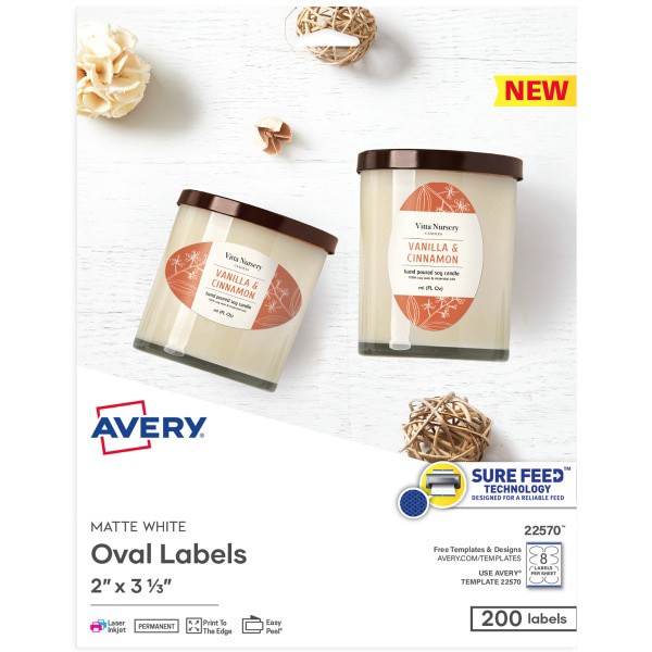 slide 1 of 6, Avery Printable Blank Oval Labels, 22570, 3-5/16&Rdquo;W X 3&Rdquo;D, White, Pack Of 200 Labels, 200 ct
