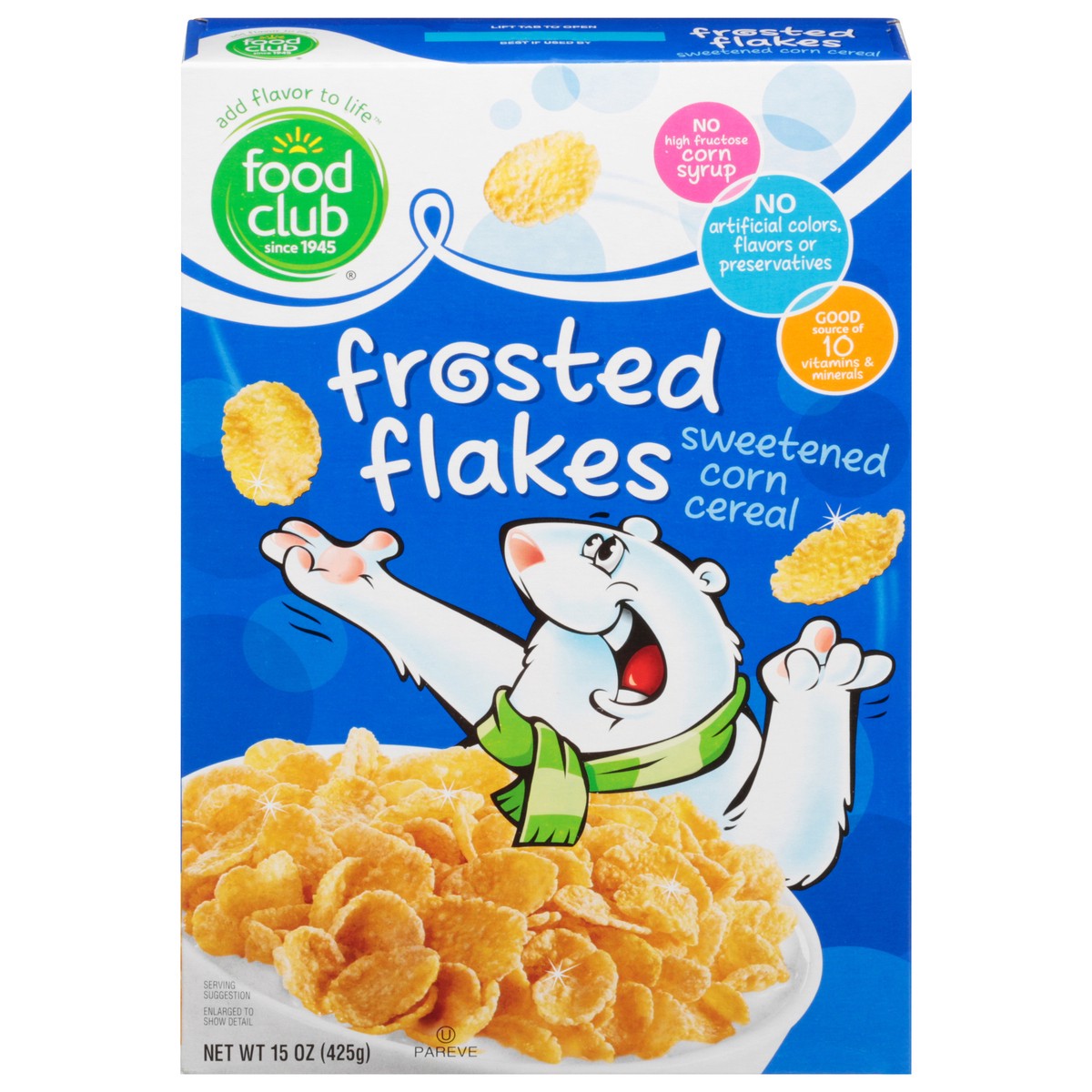 slide 1 of 11, Food Club Frosted Flakes Sweetened Corn Cereal, 15 oz