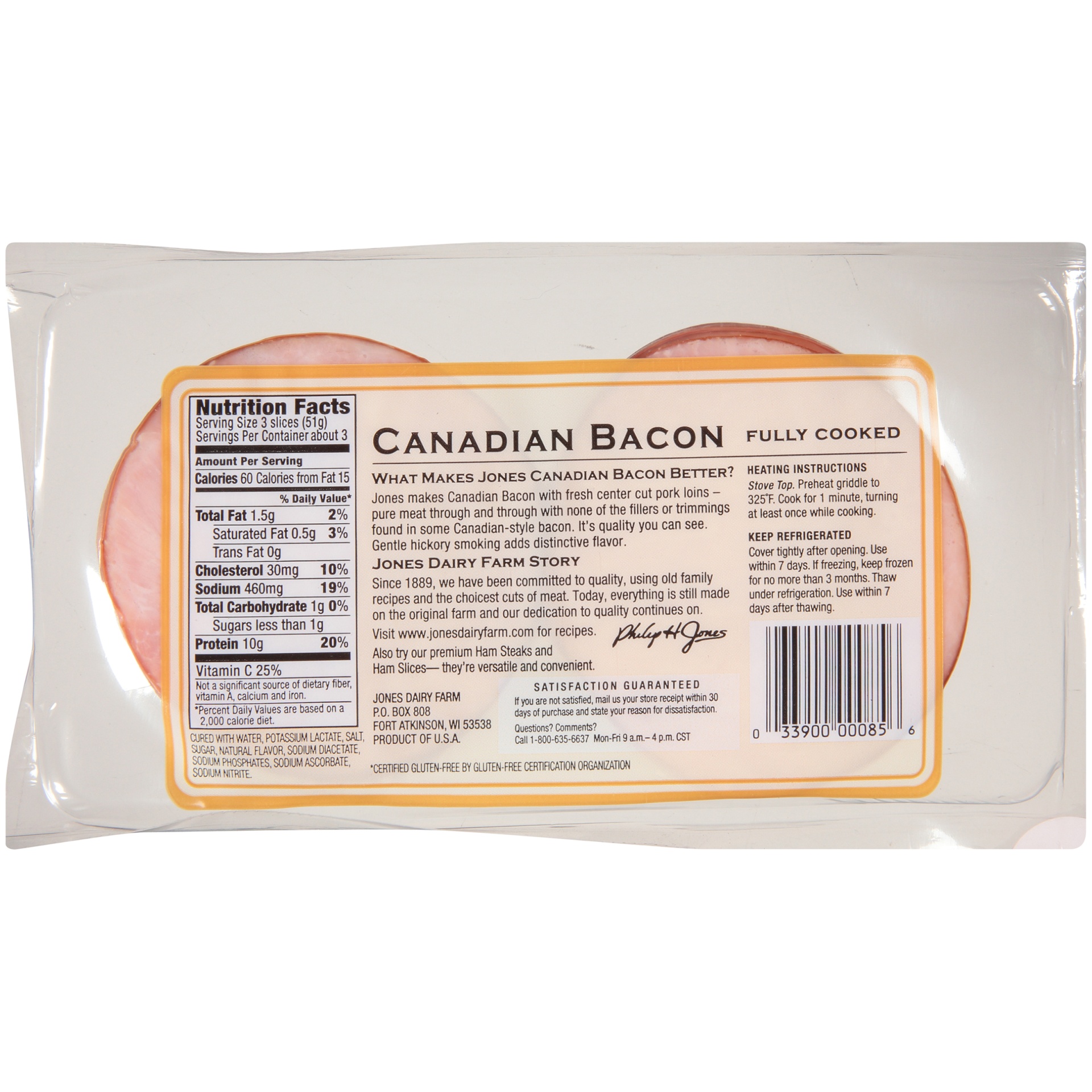 slide 3 of 6, Jones Canadian Bacon, 6 oz