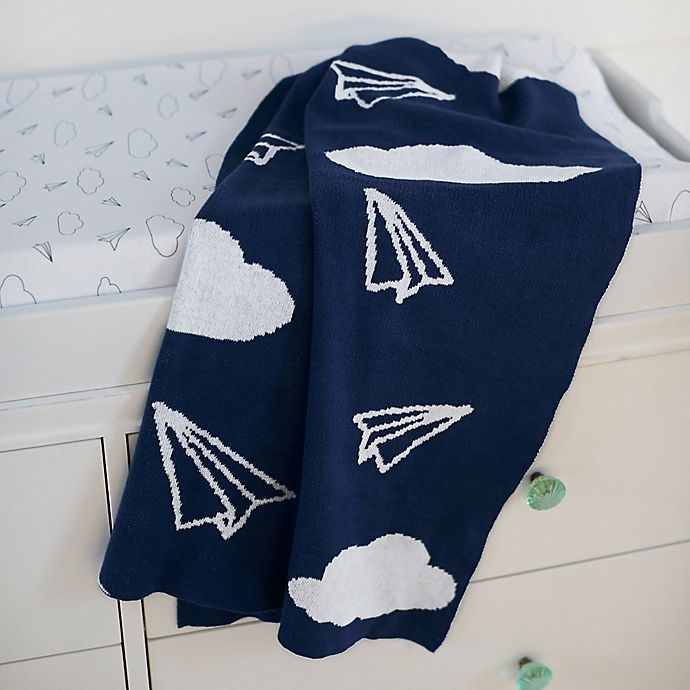 slide 8 of 8, Hello Spud Paper Airplanes Chenille Knit Blanket - Navy, 1 ct