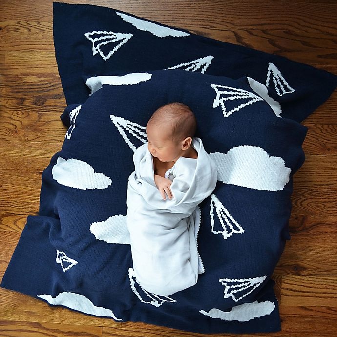 slide 6 of 8, Hello Spud Paper Airplanes Chenille Knit Blanket - Navy, 1 ct