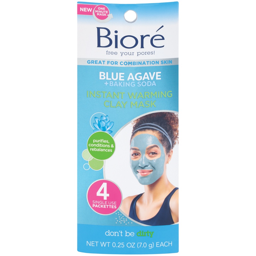 slide 1 of 4, Biore Blue Agave + Baking Soda Instant Warming Clay Mask, 4 ct