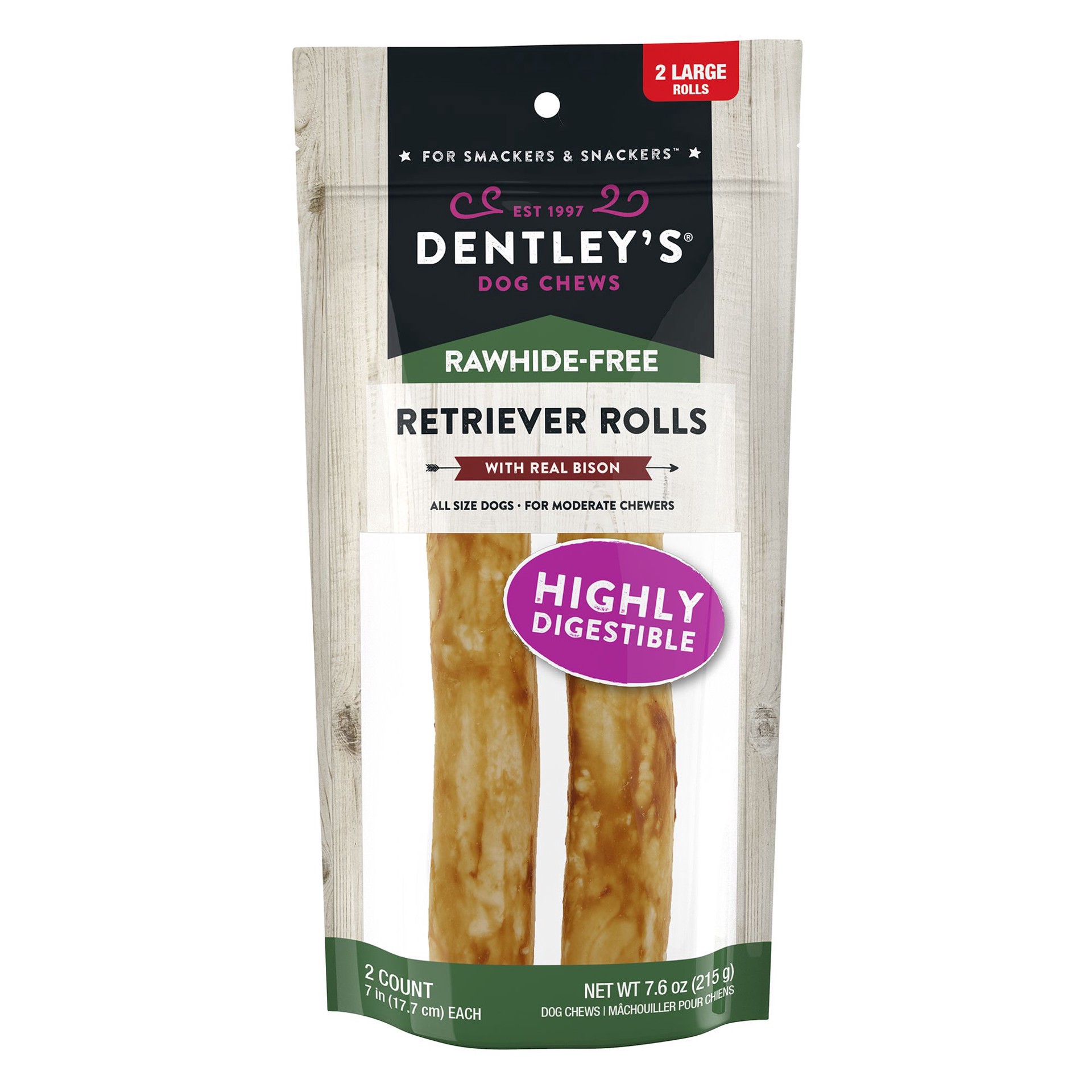 slide 1 of 1, Dentley's® Rawhide-Free 7" Retriever Rolls Dog Chew - Bison, 2 Count, 2 ct