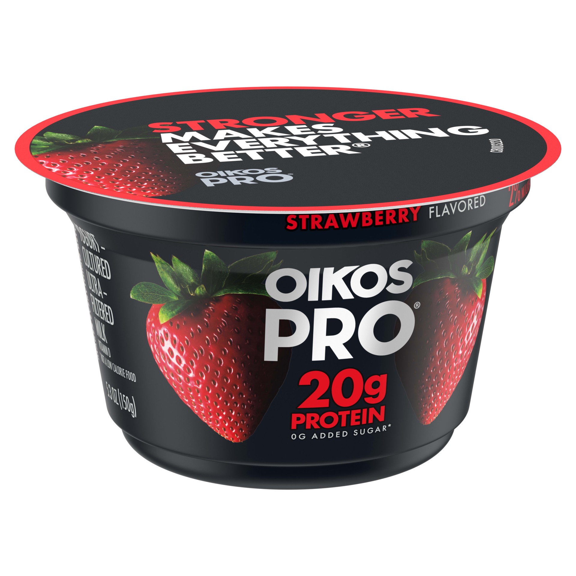 slide 2 of 5, Oikos Pro Strawberry Yogurt-Cultured Ultra-Filtered Milk Product, 20 Grams of Protein, 0g Added Sugar, Just Delicious High Protein Snacks, 5.3 OZ Cup, 5.3 oz