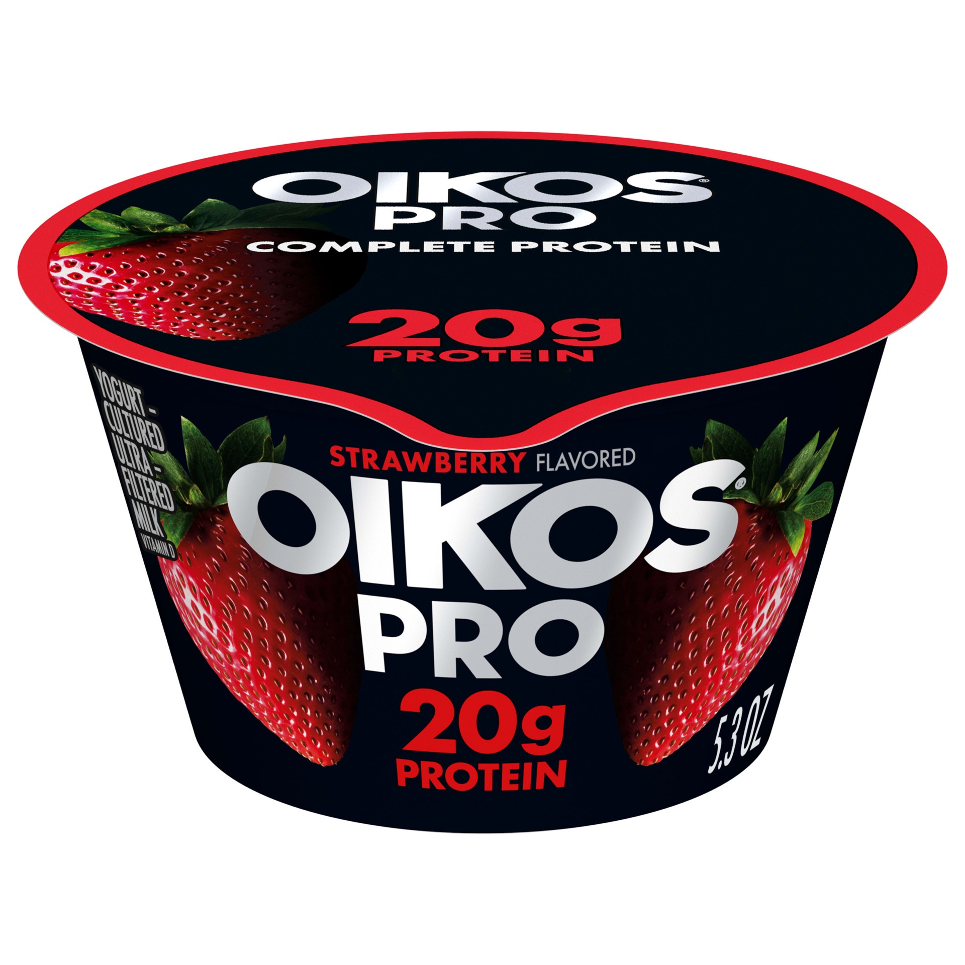 slide 1 of 5, Oikos Pro Strawberry Yogurt-Cultured Ultra-Filtered Milk Product, 20 Grams of Protein, 0g Added Sugar, Just Delicious High Protein Snacks, 5.3 OZ Cup, 5.3 oz