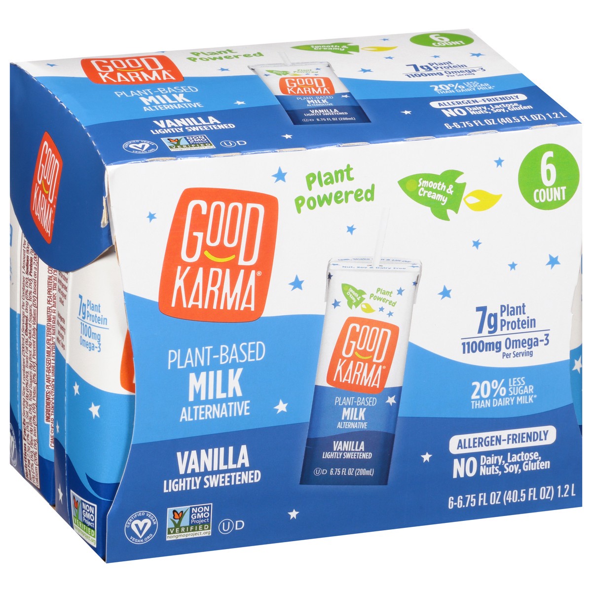 slide 2 of 9, Good Karma Plant-Based Lightly Sweetened Vanilla Milk Alternative 6 ea, 6 ct; 6.75 fl oz