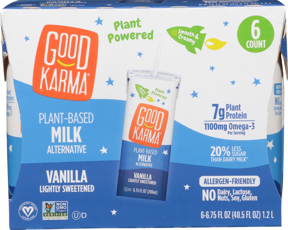 slide 1 of 9, Good Karma Plant-Based Lightly Sweetened Vanilla Milk Alternative 6 ea, 6 ct; 6.75 fl oz