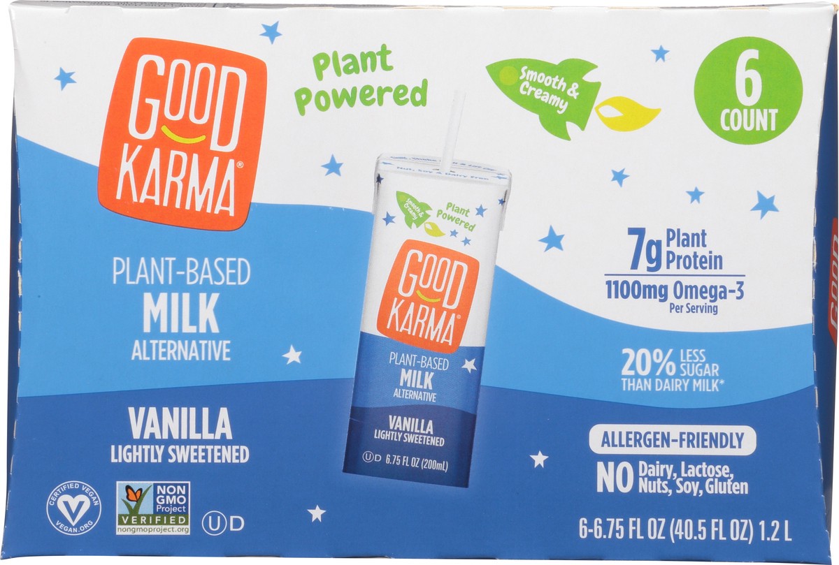 slide 4 of 9, Good Karma Plant-Based Lightly Sweetened Vanilla Milk Alternative 6 ea, 6 ct; 6.75 fl oz