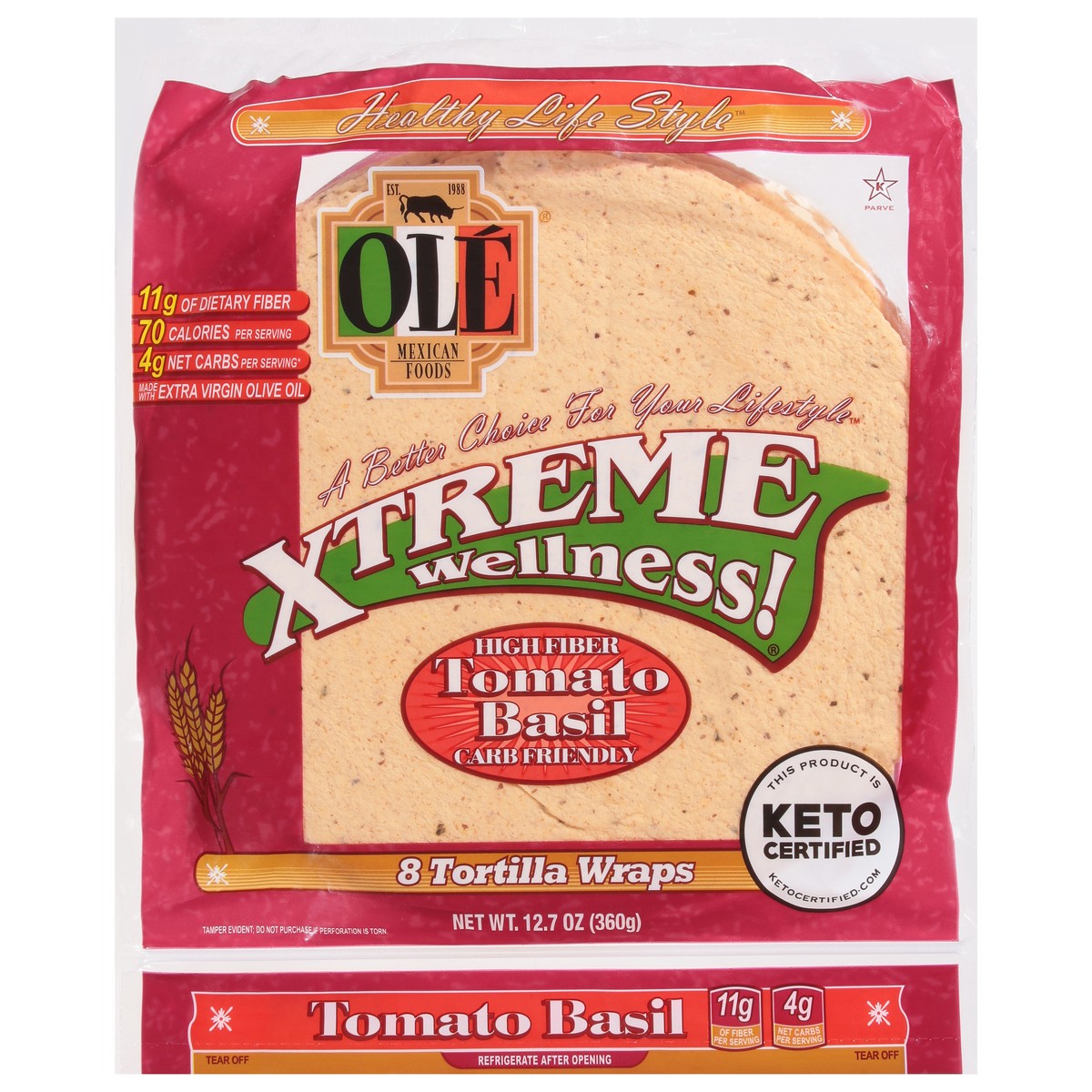 slide 8 of 13, Olé Mexican Foods Olé Xtreme Wellness Tomato & Basil, 8" Flour Tortillas, Keto Certified, 8 ct