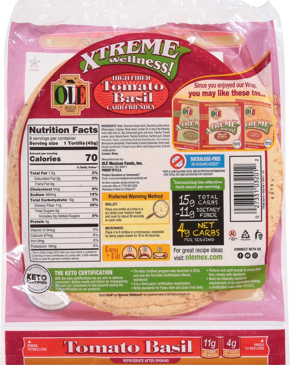 slide 12 of 13, Olé Mexican Foods Olé Xtreme Wellness Tomato & Basil, 8" Flour Tortillas, Keto Certified, 8 ct