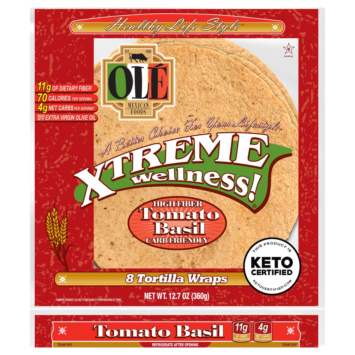 slide 1 of 13, Olé Mexican Foods Olé Xtreme Wellness Tomato & Basil, 8" Flour Tortillas, Keto Certified, 8 ct