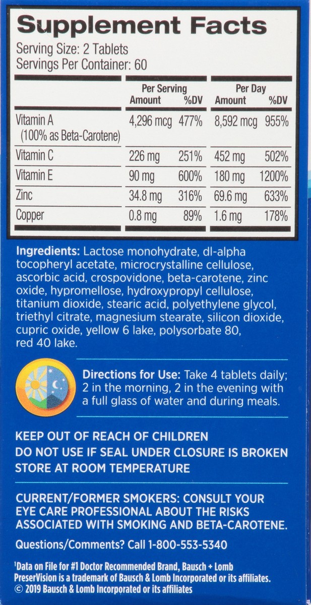 slide 8 of 9, Bausch + Lomb Preservision Eye Vitamin & Mineral Supplement Areds Tablets, 120 ct