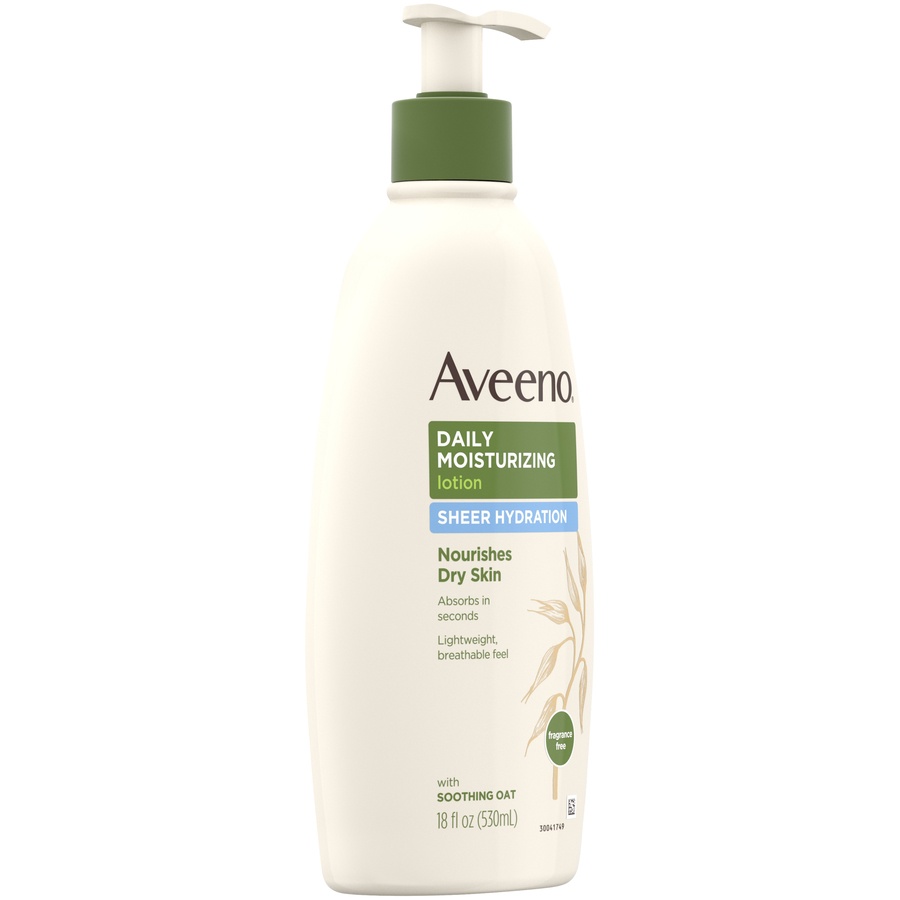 slide 5 of 6, Aveeno Sheer Hydration Daily Moisturizing Fragrance-Free Lotion with Nourishing Prebiotic Oat, Fast-Absorbing Body Moisturizer for Dry Skin with Lightweight, Breathable Feel, 18 fl. oz, 18 fl oz