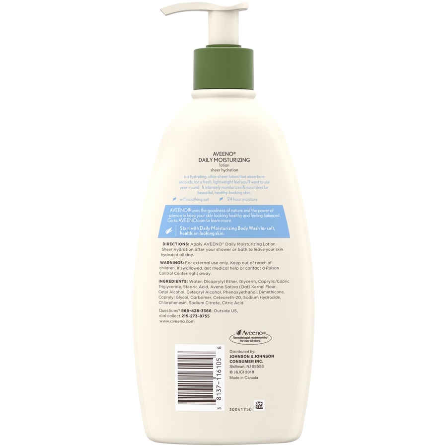 slide 4 of 6, Aveeno Sheer Hydration Daily Moisturizing Fragrance-Free Lotion with Nourishing Prebiotic Oat, Fast-Absorbing Body Moisturizer for Dry Skin with Lightweight, Breathable Feel, 18 fl. oz, 18 fl oz