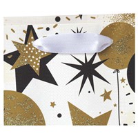 slide 5 of 13, American Greetings Celebrate someone special on any happy occasion with this shimmering gift bag! This medium gift bag features a contemporary design of balloons and stars in black and gold on a white background. The design is enhanced with light gold glitter. Perfect for gift-giving on birthday, kid''s birthday, congrats, new home, new job, promotion, retirement party, and more. Medium gift bags are perfect for wrapping special gifts like clothing, home decor items, toys, stuffed animals, electronics, and other hard-to-wrap presents. Top off the gift bag with coordinating tissue paper (sold separately) to complete your perfect package!, 1 ct