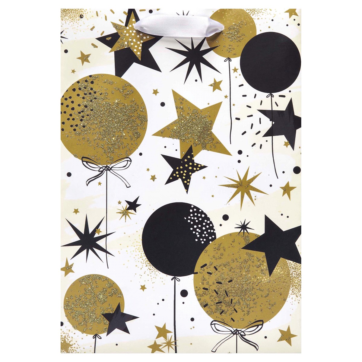 slide 11 of 13, American Greetings Celebrate someone special on any happy occasion with this shimmering gift bag! This medium gift bag features a contemporary design of balloons and stars in black and gold on a white background. The design is enhanced with light gold glitter. Perfect for gift-giving on birthday, kid''s birthday, congrats, new home, new job, promotion, retirement party, and more. Medium gift bags are perfect for wrapping special gifts like clothing, home decor items, toys, stuffed animals, electronics, and other hard-to-wrap presents. Top off the gift bag with coordinating tissue paper (sold separately) to complete your perfect package!, 1 ct