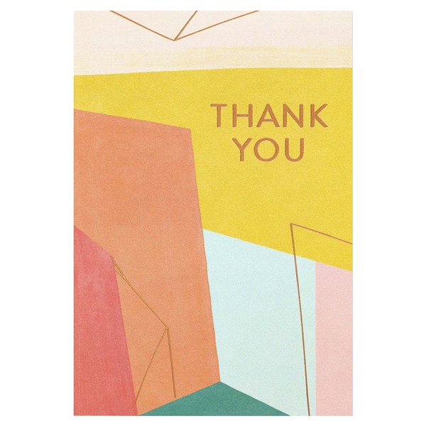 slide 16 of 17, American Greetings With bright, happy colors, metallic copper accents, and an abstract color-blocking design, this card is a fun way to express your gratitude. The simple message says “thank you” on the front, and the inside is blank for your personal note. Let them know how much they''re appreciated with this beautiful thank you card. Envelope included., 1 ct