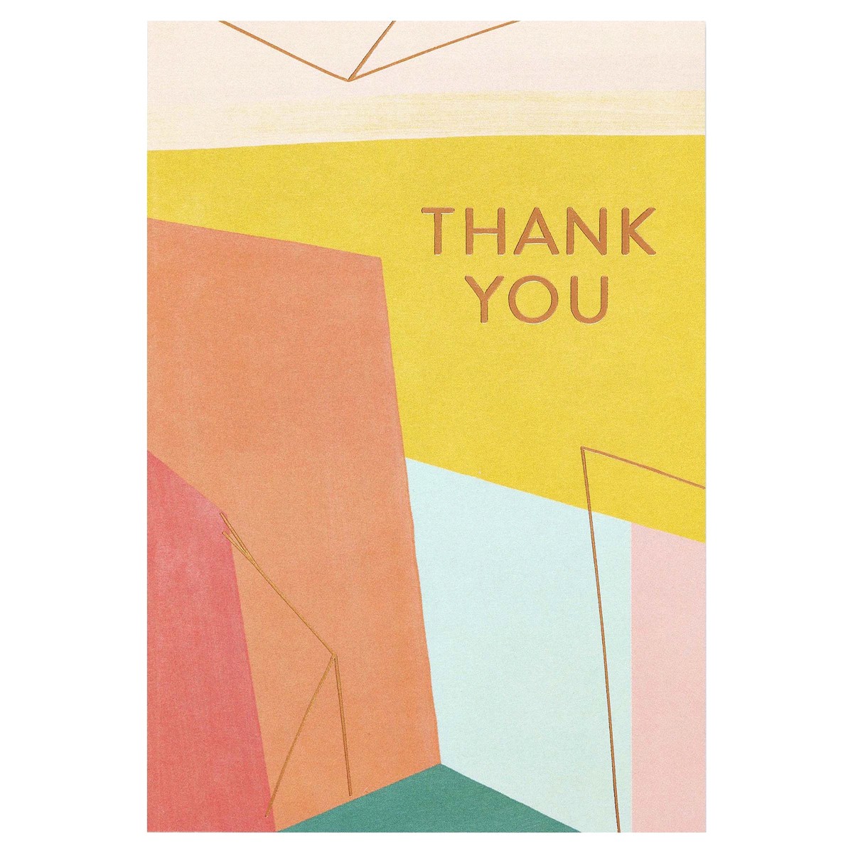 slide 7 of 17, American Greetings With bright, happy colors, metallic copper accents, and an abstract color-blocking design, this card is a fun way to express your gratitude. The simple message says “thank you” on the front, and the inside is blank for your personal note. Let them know how much they''re appreciated with this beautiful thank you card. Envelope included., 1 ct