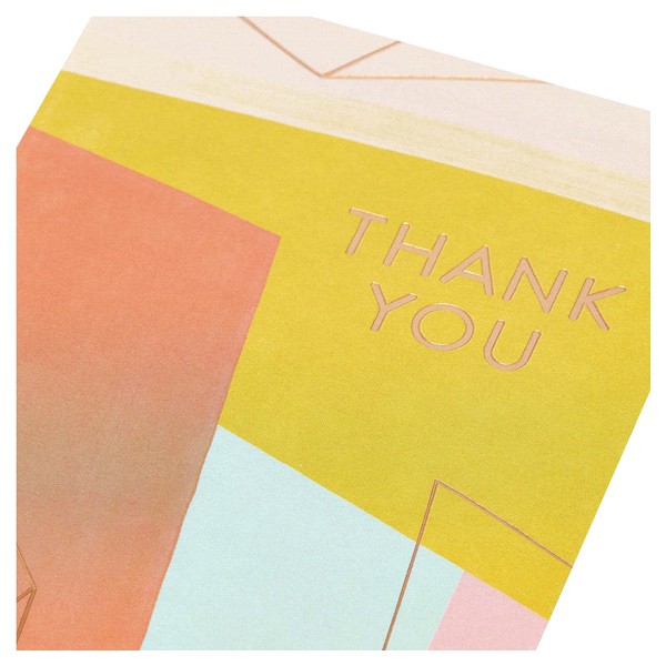 slide 15 of 17, American Greetings With bright, happy colors, metallic copper accents, and an abstract color-blocking design, this card is a fun way to express your gratitude. The simple message says “thank you” on the front, and the inside is blank for your personal note. Let them know how much they''re appreciated with this beautiful thank you card. Envelope included., 1 ct