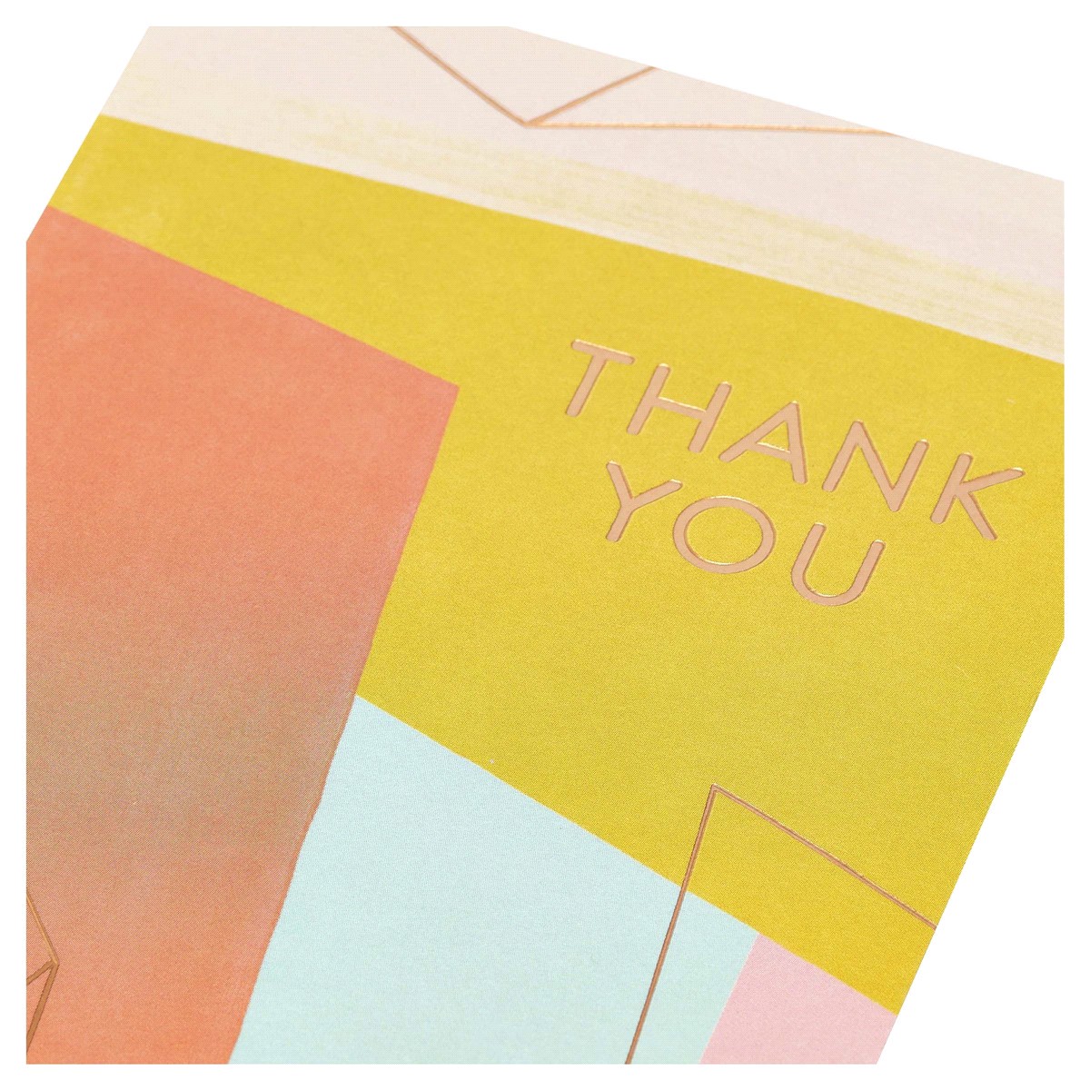 slide 12 of 17, American Greetings With bright, happy colors, metallic copper accents, and an abstract color-blocking design, this card is a fun way to express your gratitude. The simple message says “thank you” on the front, and the inside is blank for your personal note. Let them know how much they''re appreciated with this beautiful thank you card. Envelope included., 1 ct