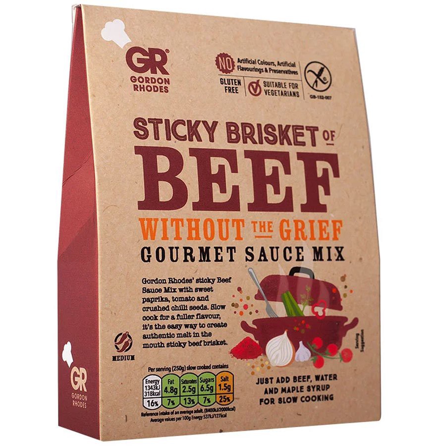 slide 1 of 1, Gordon Rhodes Sticky Brisket of Beef Without the Grief Sauce Mix, 75 gram