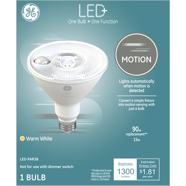 slide 1 of 1, GE LED+ Motion Bright White 90W Replacement LED Light Bulb Outdoor Floodlight PAR38, 1 ct