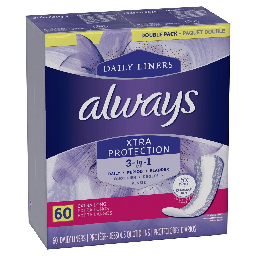 slide 4 of 6, Always Xtra Protection 3-In-1 Daily Panty Liners Extra Long 60 Ct, 60 ct