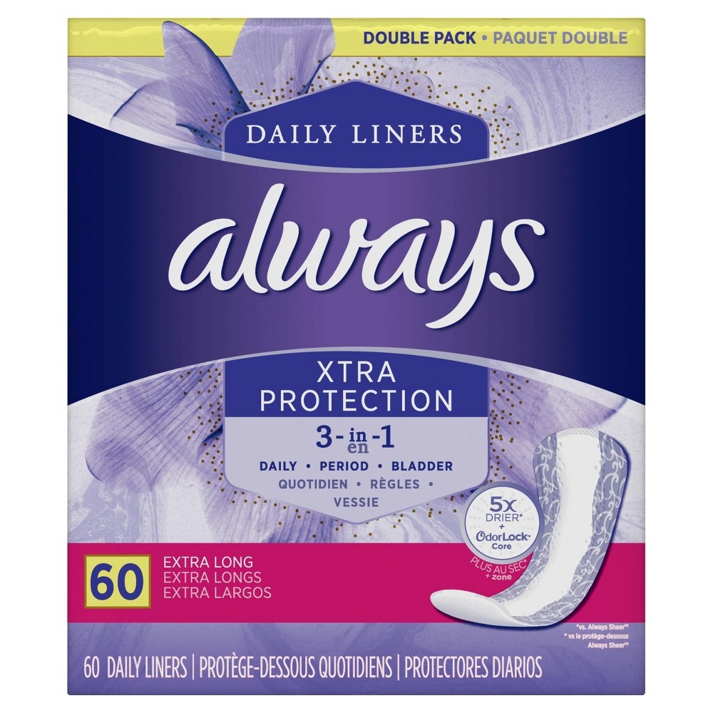 slide 5 of 6, Always Xtra Protection 3-In-1 Daily Panty Liners Extra Long 60 Ct, 60 ct