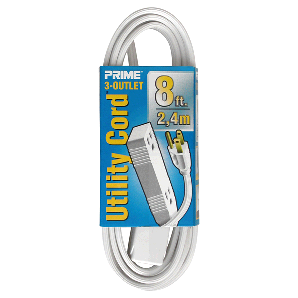 slide 1 of 1, Prime Wire & Cable 3-Outlet Shop and Utility Extension Cord - SPT-2 16/3 - White, 8 ft