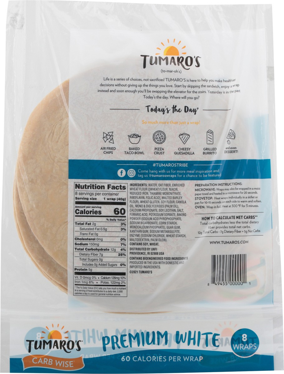 slide 2 of 12, Tumaro's Carb Wise Premium White Wraps 8 ea, 8 ct; 11.2 oz