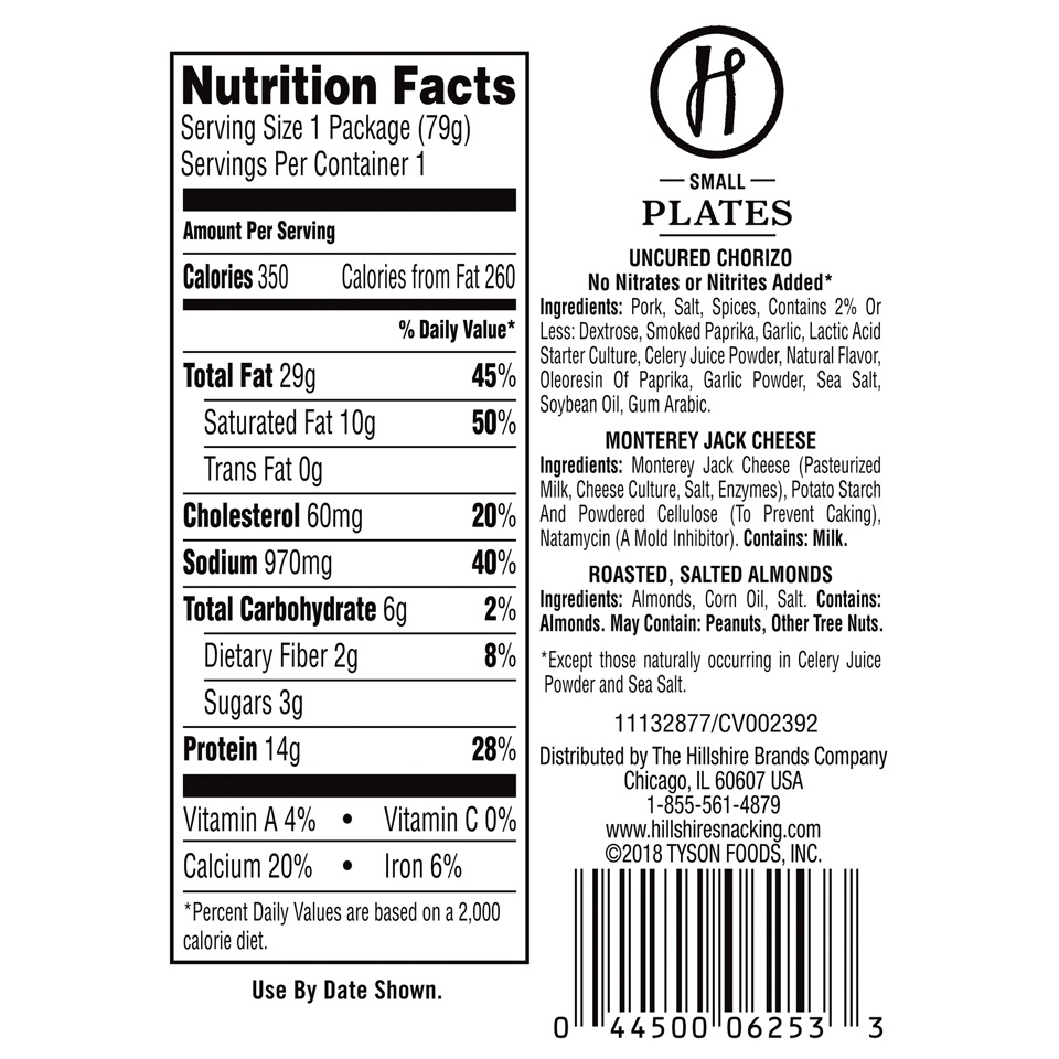 slide 2 of 4, Hillshire Farm All Natural Uncured Spanish Style Chorizo with Cheese & Almonds Small Plate, 2.76 oz