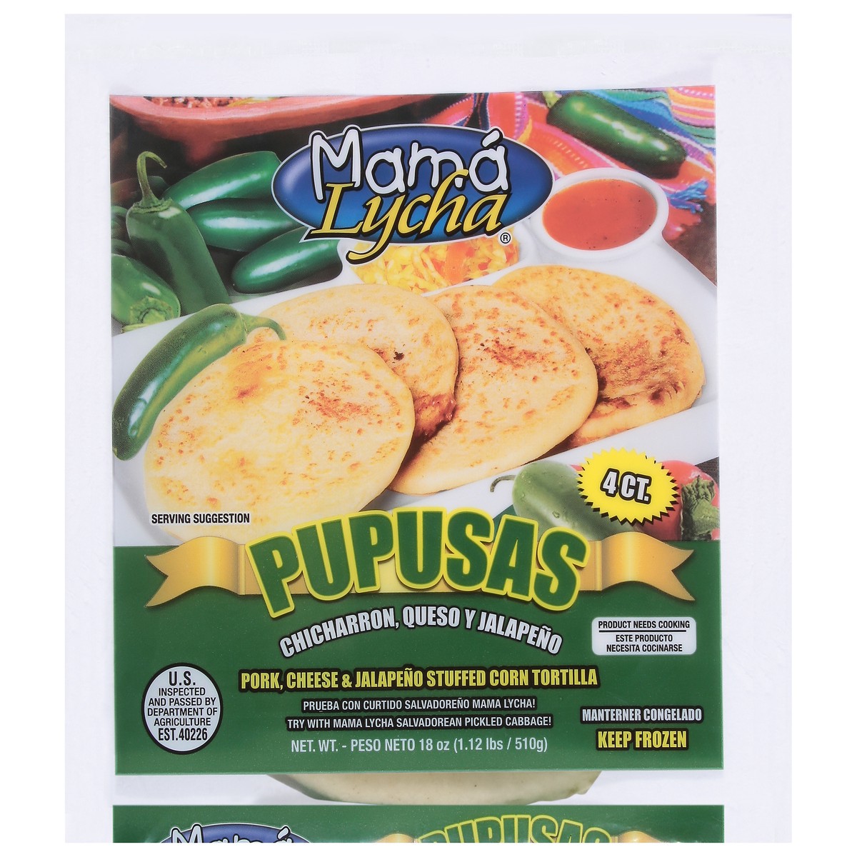 slide 9 of 13, Mama Lycha Pork, Cheese & Jalapeno Stuffed Corn Tortilla 4 ea, MED/LG