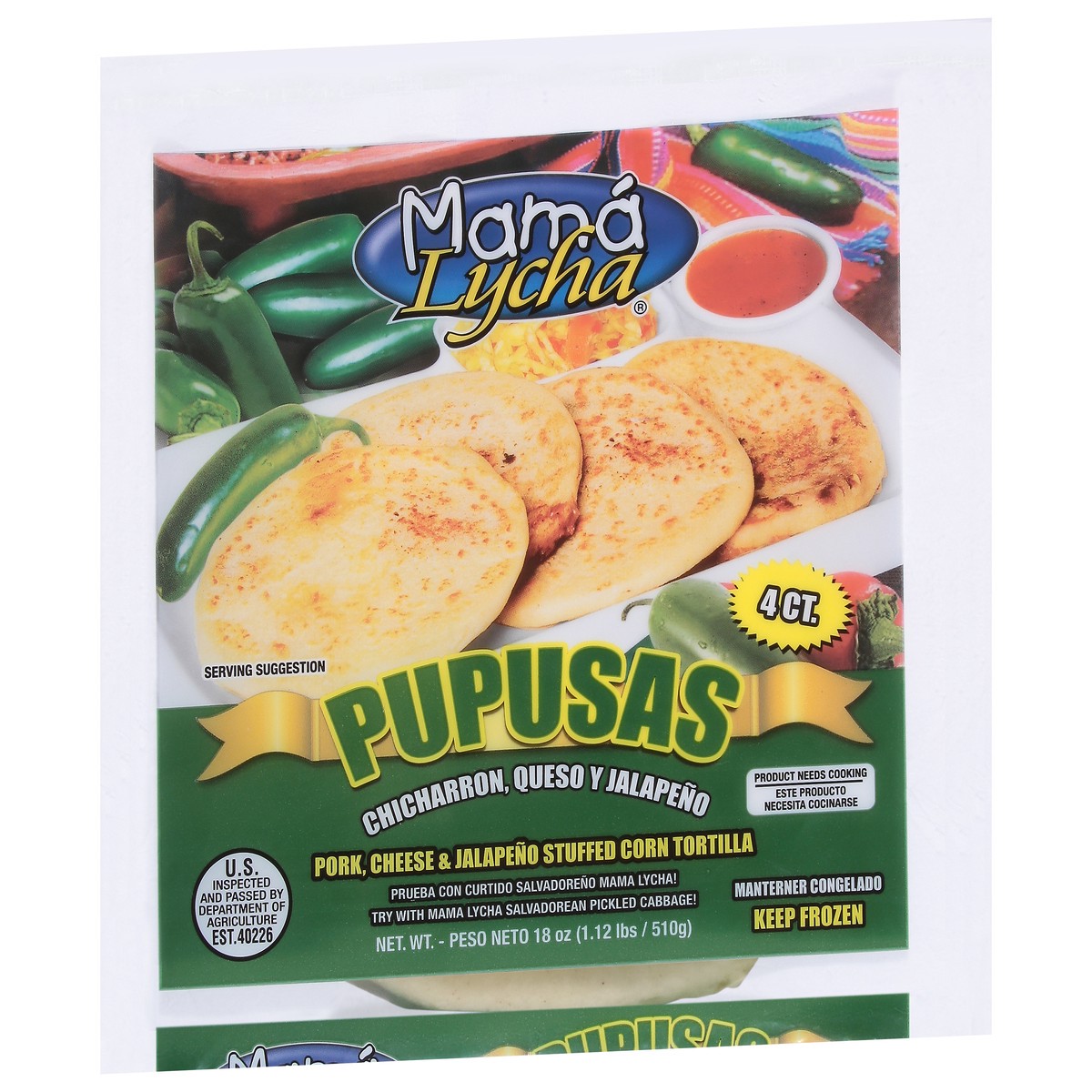 slide 4 of 13, Mama Lycha Pork, Cheese & Jalapeno Stuffed Corn Tortilla 4 ea, MED/LG