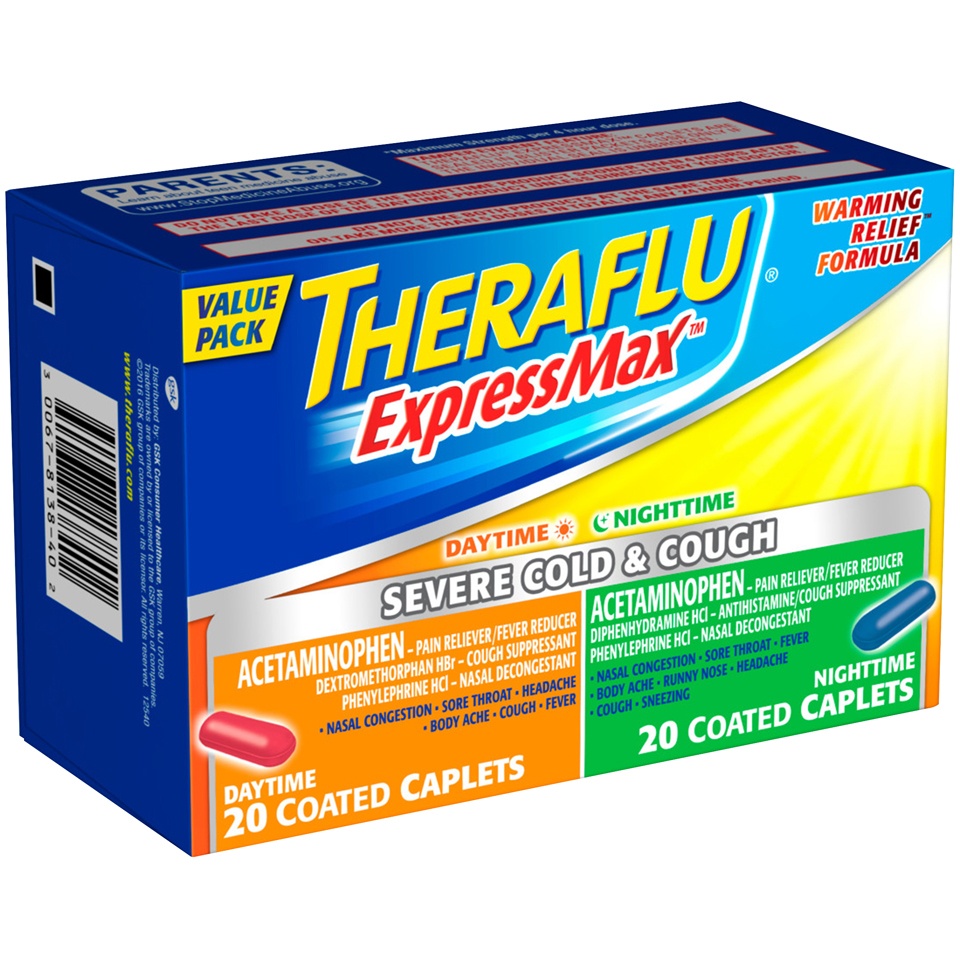 slide 2 of 3, Theraflu ExpressMax Daytime And Nighttime Severe Cold & Cough Coated Caplets, 40 ct