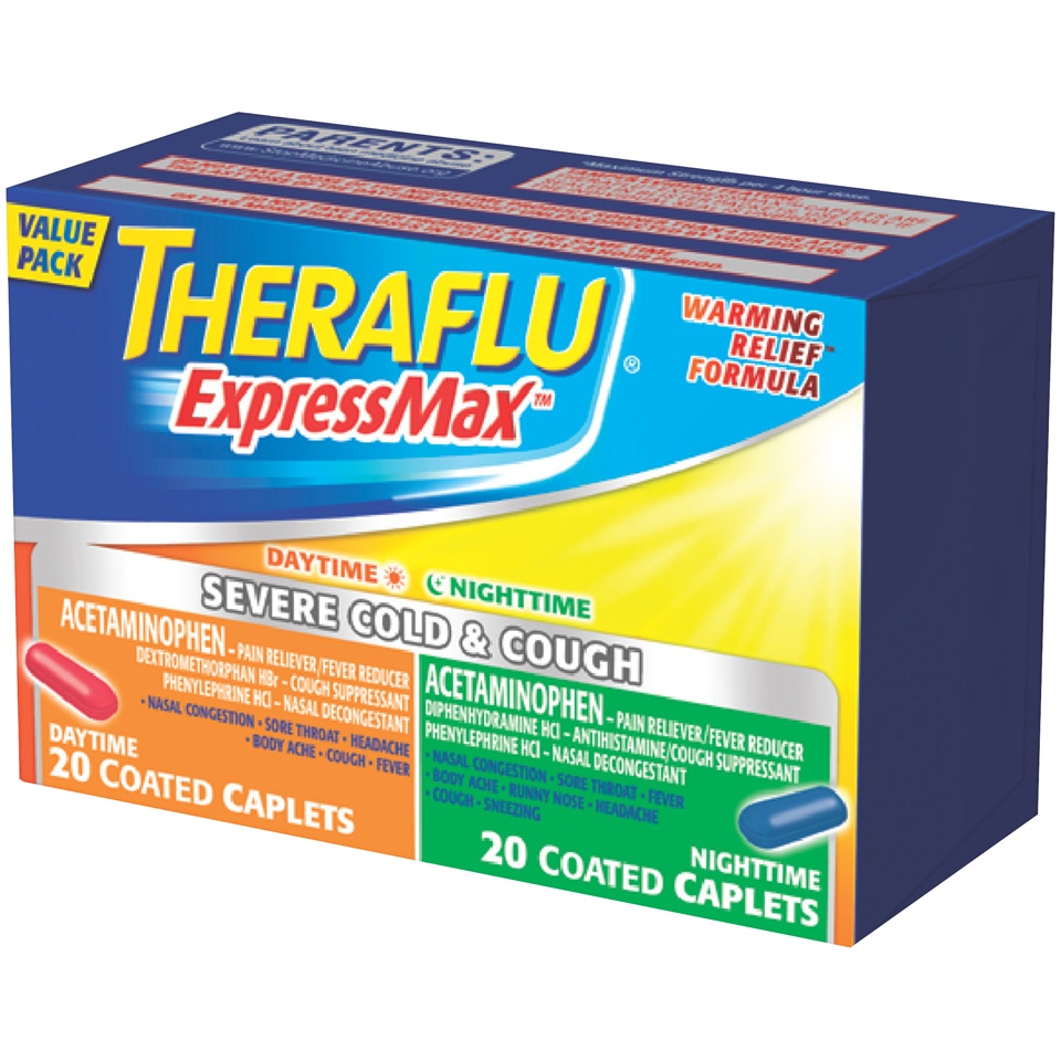 slide 3 of 3, Theraflu ExpressMax Daytime And Nighttime Severe Cold & Cough Coated Caplets, 40 ct